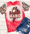 Baseball Mom Bleached Red Blue Sleeve Accents Leopard Tshirt