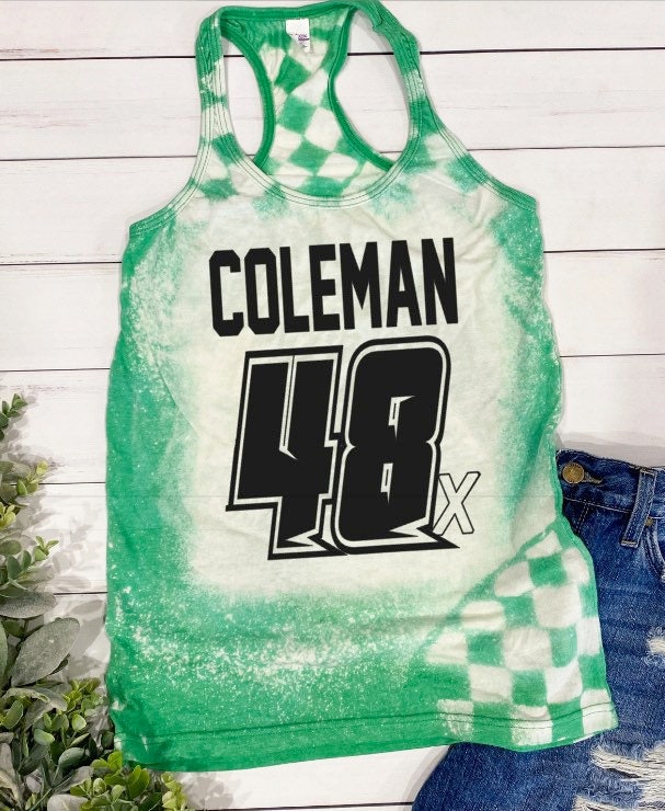 Personalized Racing Acid Wash Tank Green Dirt Track Car Number Tank Top Bleached Shirts for Women, Gifts for her Race Top