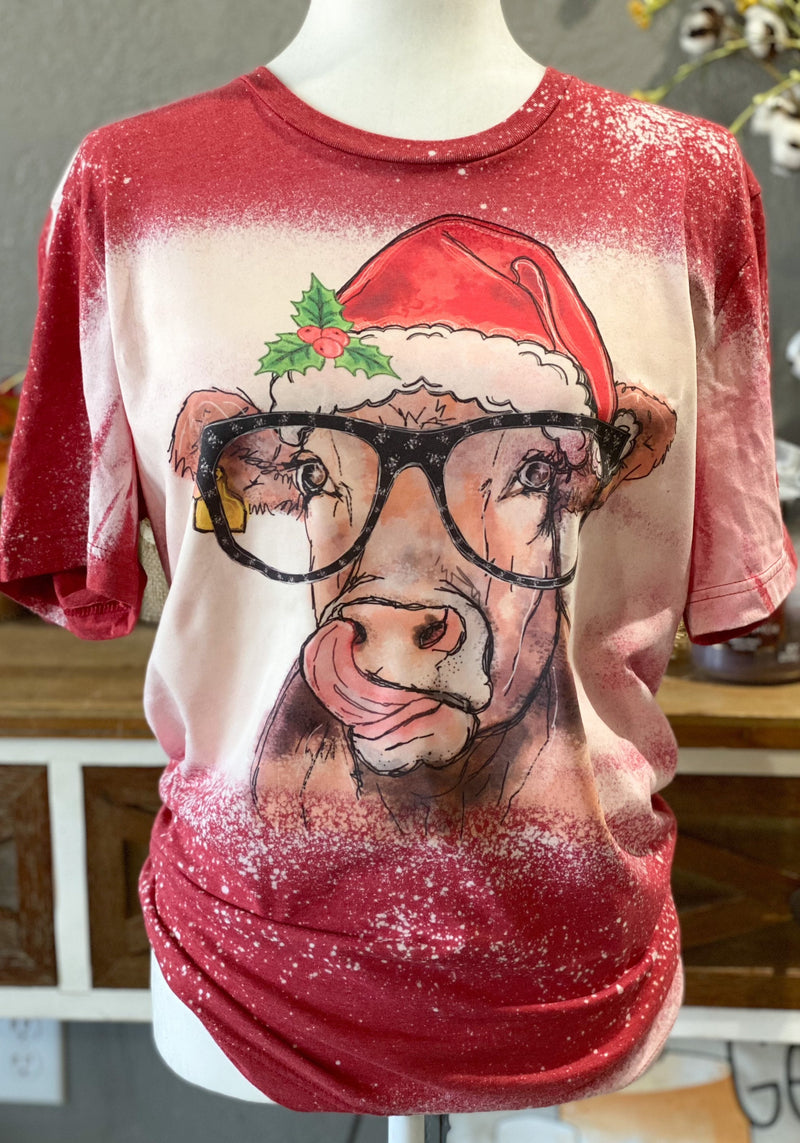 Christmas Cow Bleached T-shirt Red Bleached Tshirt