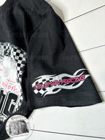 Race Tshirt Front and Sleeve Personalized Design Black Unisex Tshirt Dirt Track Motocross Dirt bike Race Tee Checkered Flag DTG Hot Pink