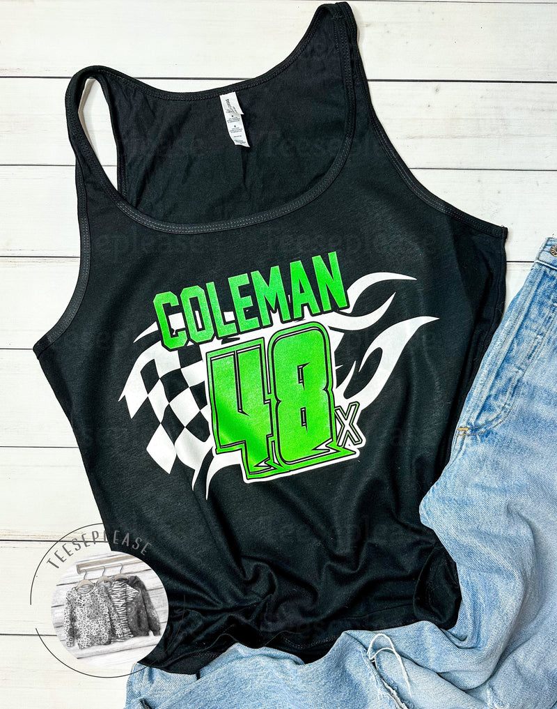 Dtg Relaxed Tank Personalized Race Car Number Tank Top Green Racing Tops for Women, Gifts for her CHECK SIZE CHART Womens Clothing