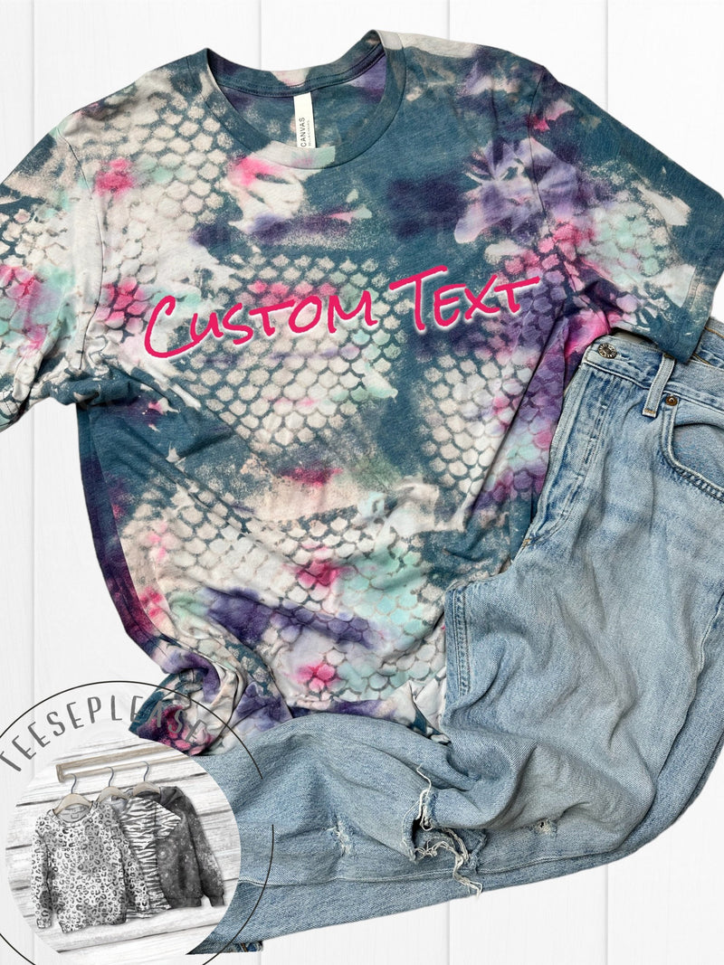 Custom Text Tie Dyed Tshirt, Bleached Tee, Personalized Tops for Women