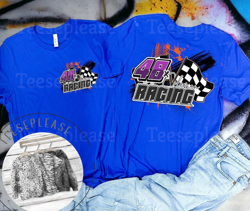 Royal Blue Racing Tshirt Front and Back Personalized Design Black Unisex Tshirt Dirt Track Motocross Dirt bike Race Tee Checkered Flag DTG