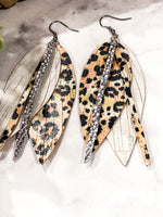 Leather Fringe Feather Earrings Leopard Bling