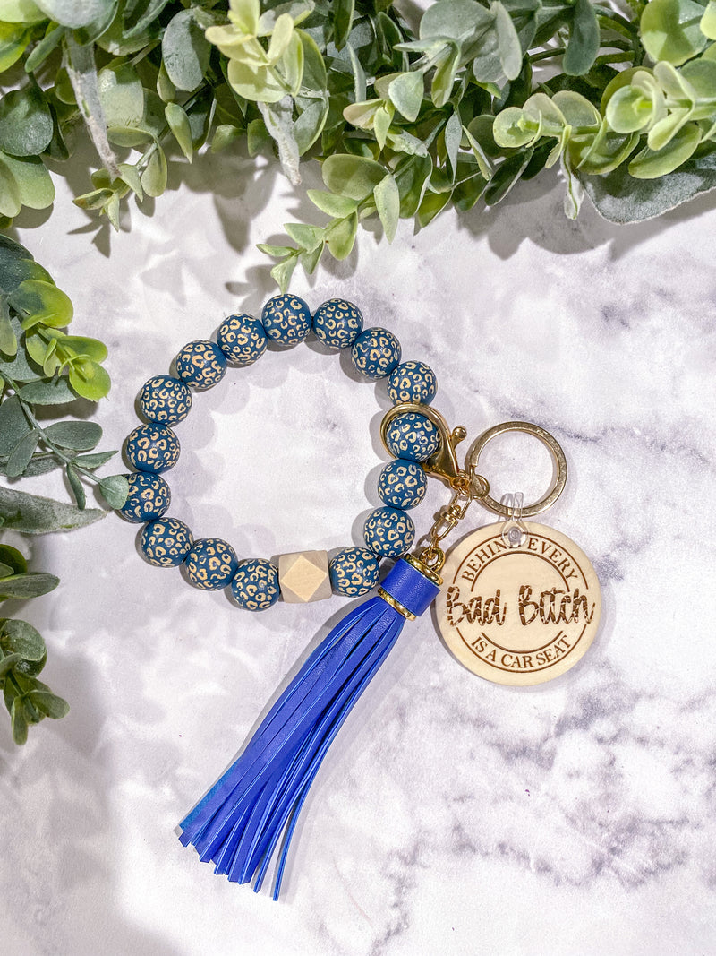 Beaded Bracelet Keychain Blue Leopard Wristlet Engraved Mom Personalized Gifts
