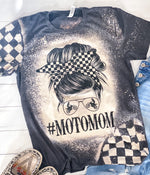 MotoMom Tshirt Race Life Messy Bun Dirt Track Racing Checkered Sleeve Bleached Tshirt