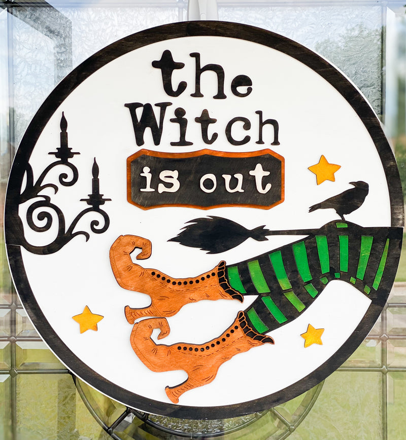 The Witch is in Halloween Wooden Rustic Door Hanger, Wall Decor, 18 inch 3d round sign wreath
