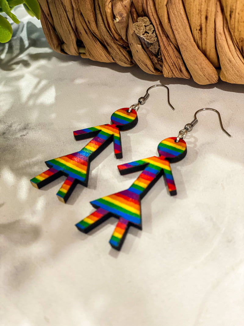 Pride rainbow female stick person earrings