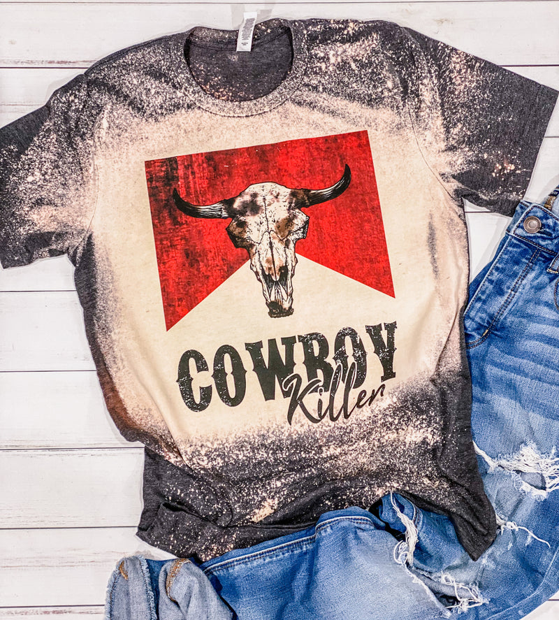 Cowboy Killer Bleached Unisex Tshirt Acid Wash Stencil Sleeve Tee