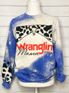 Wranglin Mama Cowhide Bleached Blue Sweatshirt Rodeo Western Fall Style
