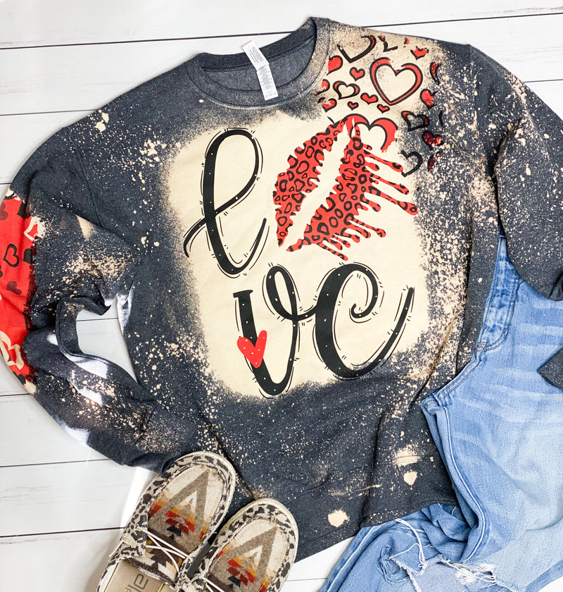 LOVE Valentines Day Bleached Sweatshirt, Sweaters for women, acid washed Heart Sleeve accents