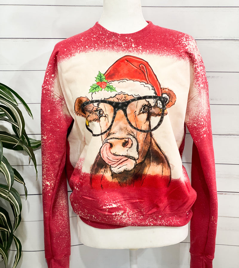 Christmas Cow Bleached Red Sweatshirt
