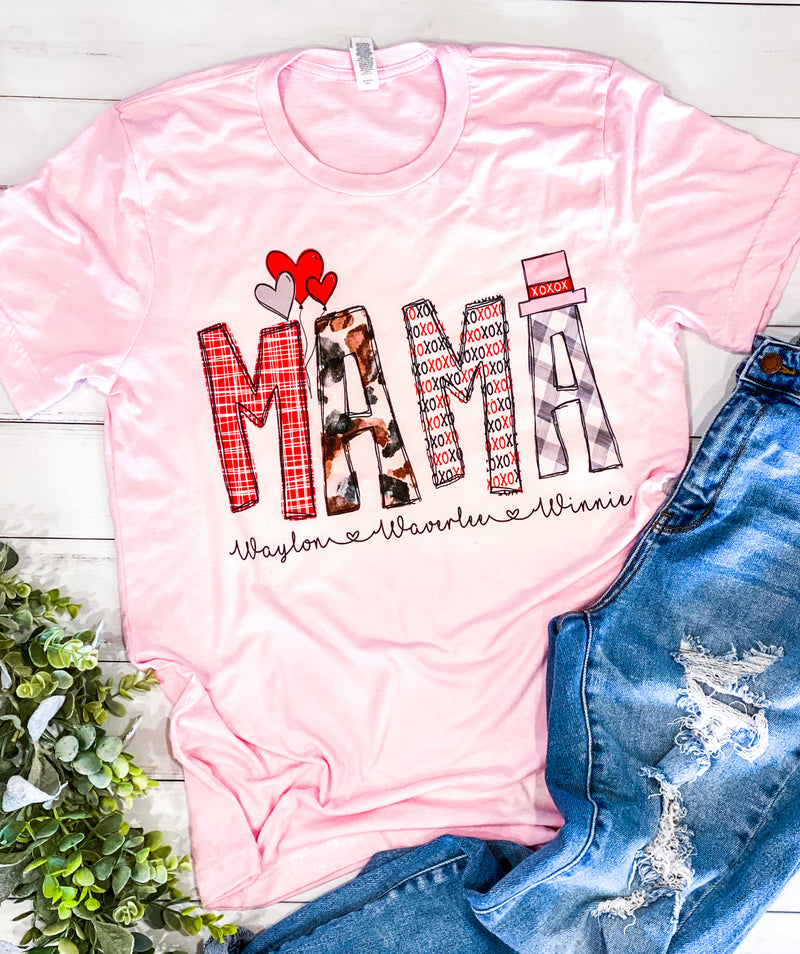 Personalized Mama Valentines Day Bleached Tshirt, Gifts for Her