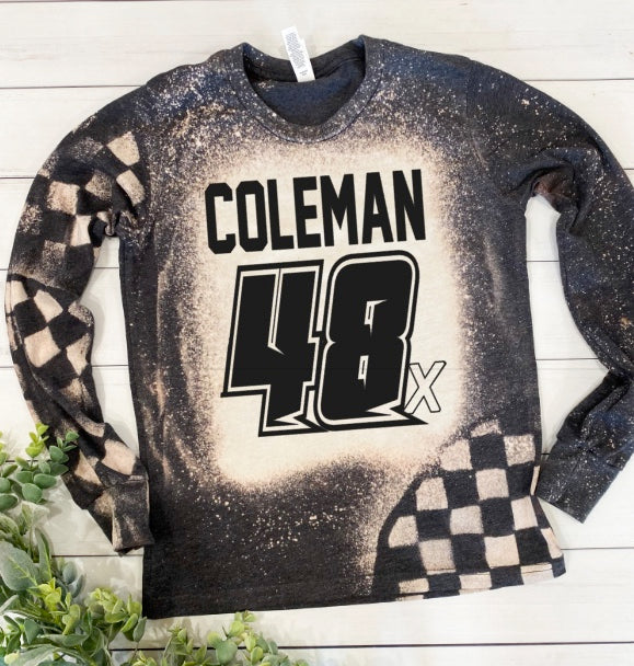 Kids long sleeve race tee bleached personalized racing number, dirt track design, name and number, race car, motocross youth dark grey